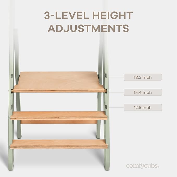 Comfy Cubs Kids Step Stool for Ages 3+, 3 Height Adjustable Toddler Tower, Montessori Furniture Designed in The US - Toddler Standing Tower for Kitchen Sink & Bathroom Access - Sage