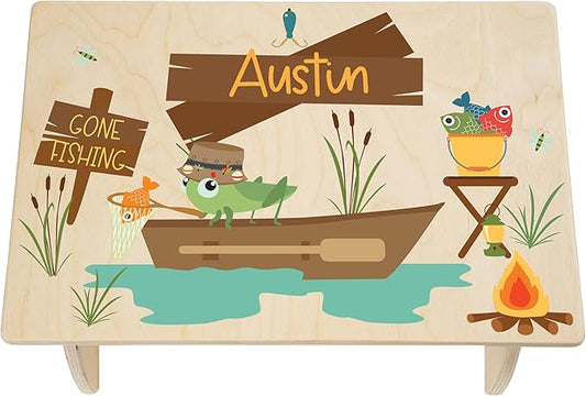 Gone Fishing Step Stool for Toddlers- Bloom Owl Personalized Wood Kids Step Stool with Name for Kitchen Sink, Bathroom, Potty Training, Toilet, Kitchen Sink- Cute, Sturdy and Safe (Fishing)