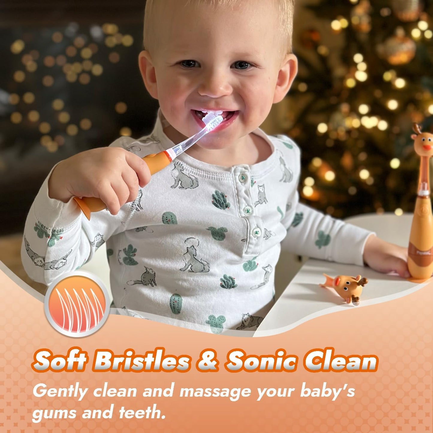 Papablic Toddler Sonic Electric Toothbrush for Ages 1-3 Years, Baby Electric Toothbrush with Cute Reindeer Cover and Smart LED Timer, 2 Brush Heads (Ruby)