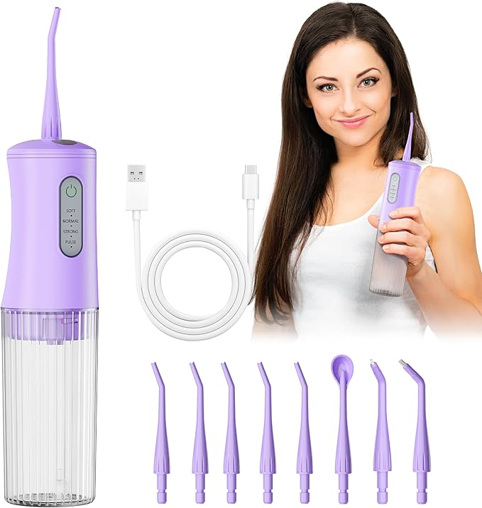 Cordless Water Flosser for Teeth Cleaning Pick - Electric Dental Irrigator with 4 Cleaning Modes & 8 Jet Tips, IPX7 Waterproof, Portable Rechargeable Design for Home & Travel Use,Purple