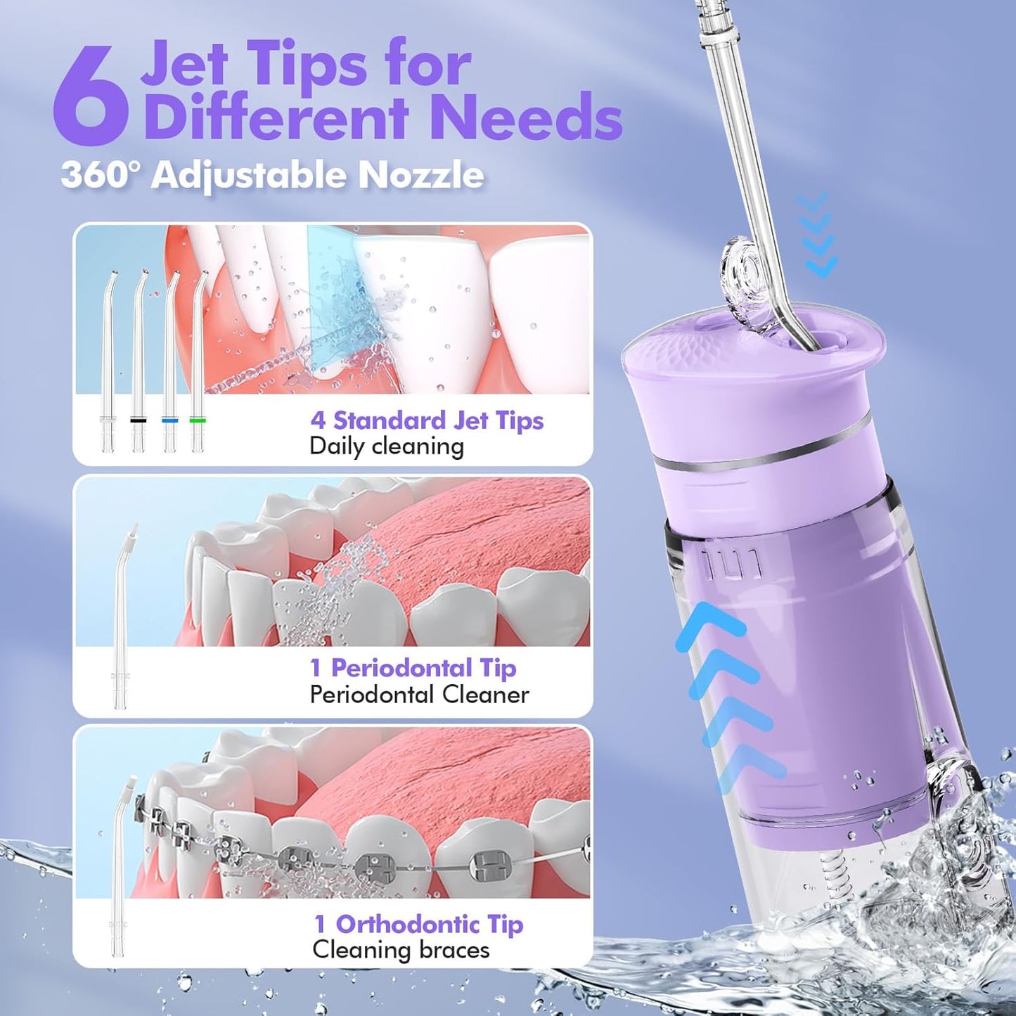 Water Flosser Mini Cordless Portable: 5 Modes Water Dental Floss with Telescopic Water Tank, 6 Tips, IPX7 Waterproof Oral Irrigator for Teeth Cleaning Gums,Orthodontic,Braces Dental Care (Purple)