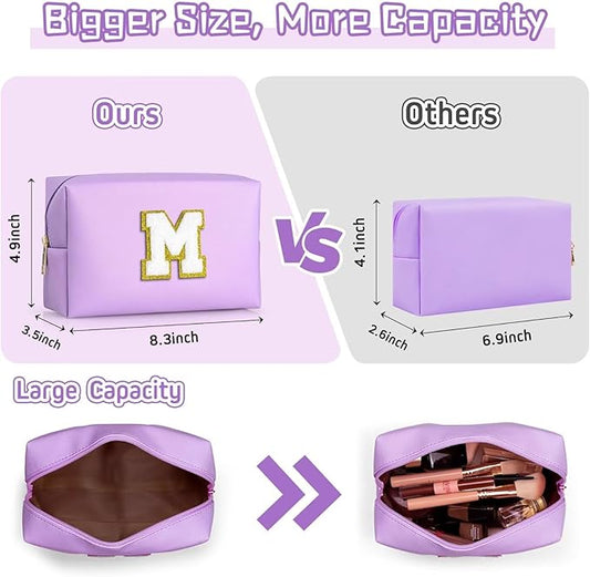 TOPEAST Initial Makeup Bags for Women, Personalized Portable Cosmetic Bag for Travel, Cute Makeup Pouch, PU Leather Waterproof Toiletry Bag, Preppy Things for Girl (Purple V)