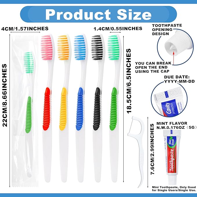 Disposable Toothbrushes with Toothpaste and Floss,100pcs Single Use Individually Wrapped Disposable Travel Toothbrushes and Dental Floss Kit Bulk for Homeless,Airbnb,Dentist,Hotel(5 Colors)