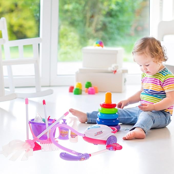 Kisangel Pretend Vacuum Cleaner for Boys and Multifunctional Cleaning Tools Kit with Broom Mop and Bucket Enhances Skills and Imaginative Play No Battery Needed Playhouse Random Color