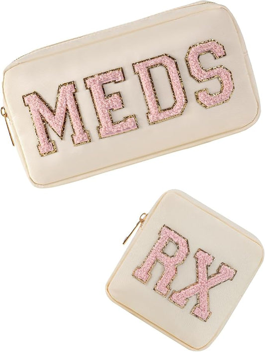 2pcs Personalized Chenille Letter Patch MEDS and RX Bags Set,Cute Nylon Drug Medicine Travel Makeup Bag with Zipper, Preppy Vitamin Organizer Bag for Women and Girls (RX+MEDS Beige)