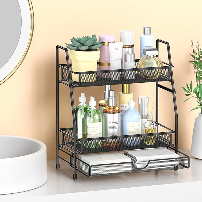 2-Tier Bathroom Counter Organizer with Drawer, Bathroom and Makeup Organizer Countertop, Easy to Install, Ideal for Bathroom organizer, Vanity, Large Skincare, Perfume, Present, and More,Black