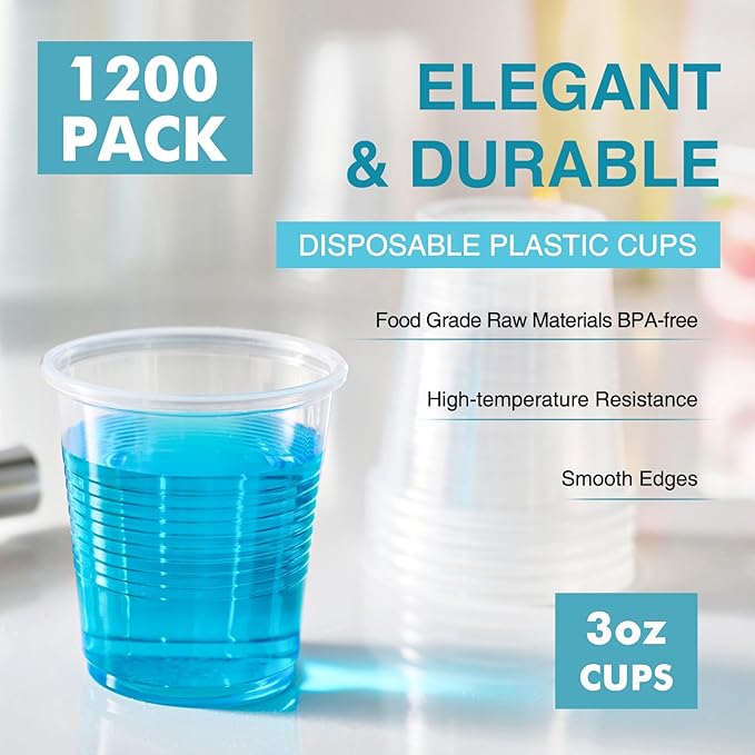 1200Pack 3oz Plastic Cups,Disposable Mouthwash Cups,3 Ounce Small Clear Tumblers for Tasting, Drinking and Party