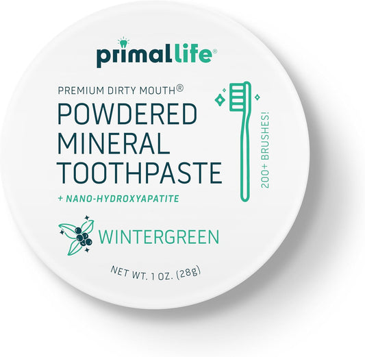 Primal Life Organics - Dirty Mouth Toothpowder, Tooth Cleaning Powder, Flavored Essential Oils with Natural Kaolin & Bentonite Clay, Good for 200+ Brushings, Organic, Vegan (Wintergreen, 1 oz)