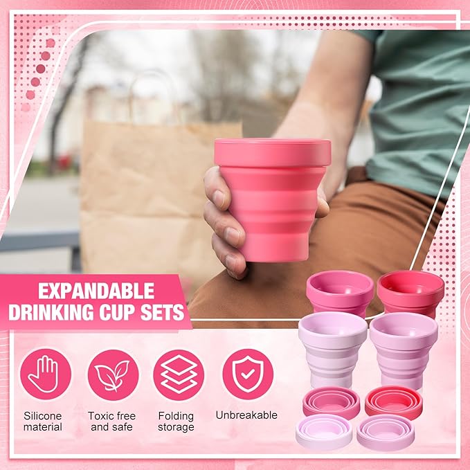 24 Pcs Silicone Collapsible Travel Cup Reusable Foldable Camping Cup Portable Expandable Drinking Mug for Traveling Outdoor Hiking (Pink Color)