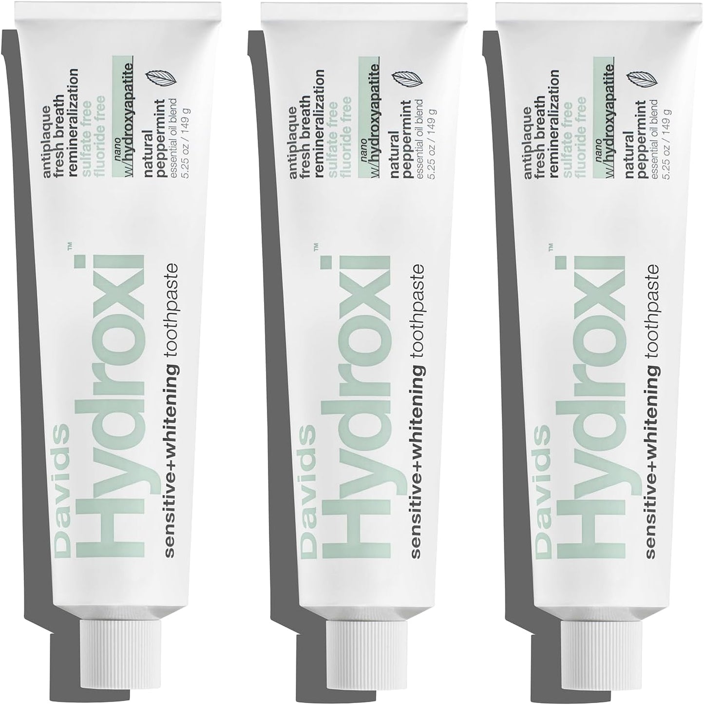 Davids Hydroxi Fluoride Free Nano Hydroxyapatite Toothpaste for Remineralizing Enamel & Sensitive Relief, Whitening, Antiplaque, SLS Free, Natural Peppermint, 5.25oz, Made in USA (3 Pack)