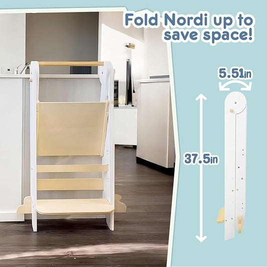 HARPPA Nordi Foldable Toddler Kitchen Tower, Montessori Kitchen Stools Helper, Standing Tower with 3 Adjustable Heights, Suitable Age for 2-6 Years, White