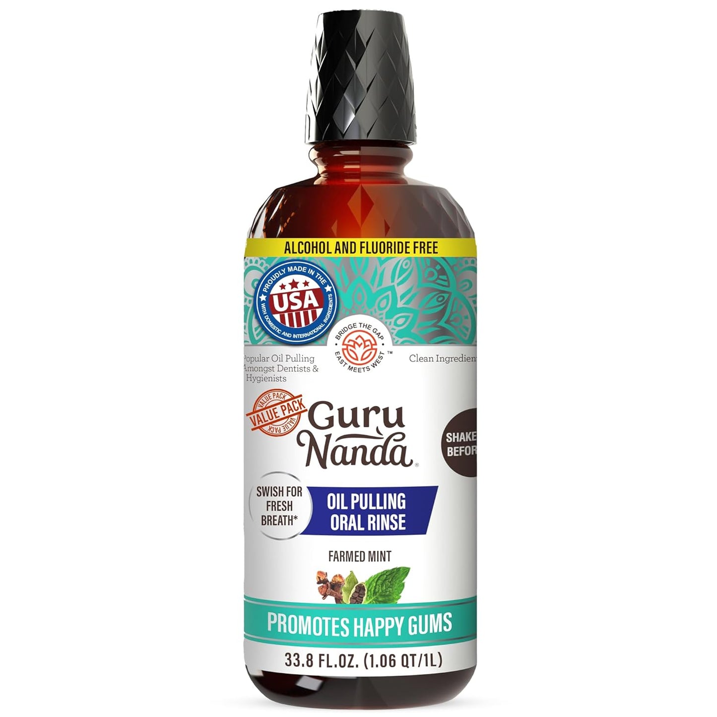 GuruNanda CocoMint Oil Pulling Mouthwash for Complete Oral Hygiene, 7 Essential Oils & Vitamins for Happy Teeth & Gums & Fresh Breath, Alcohol-Free, 33.8 Fl Oz/1L