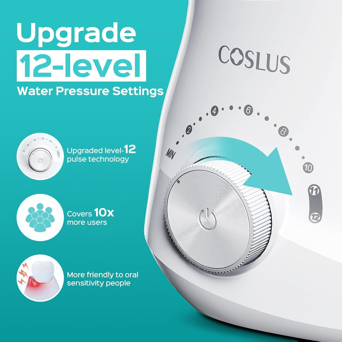 COSLUS Electric Water Flosser for Teeth: Professional Dental Pick for Orthodontic, Sensitive Gums, Braces - 12 Pressure Settings & 5 Multi-Functional Tips for Multiple Users, Home Use, White, E1