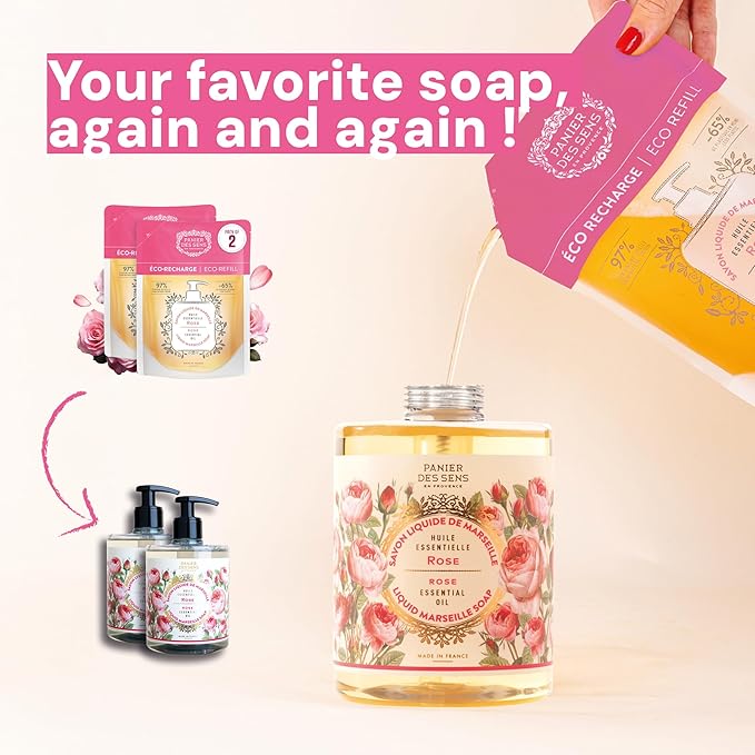 Panier des Sens Liquid Hand Soap Refills - Rose Floral Fragrance - Foaming Moisturizing Hand Soap - French Traditional Savon de Marseille for Kitchen & Bathroom - 34.4 Fl.oz Hand Wash 97% Natural