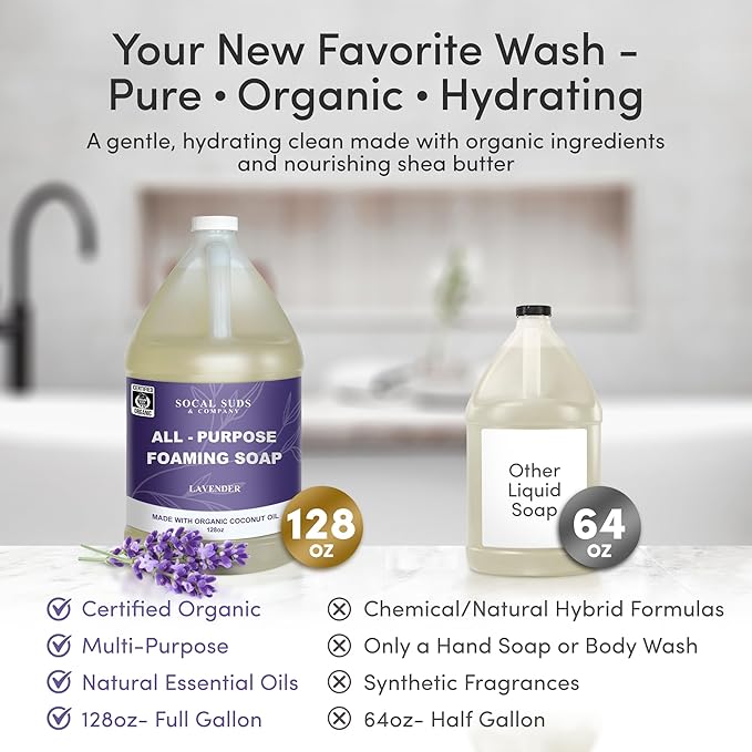 SoCal Suds & Company 128oz Certified Organic Foaming Hand & Body Wash - Gentle Natural Body,Baby & Face Wash for Sensitive Skin, Moisturizing Soap, Hand Soap and More - Lavender