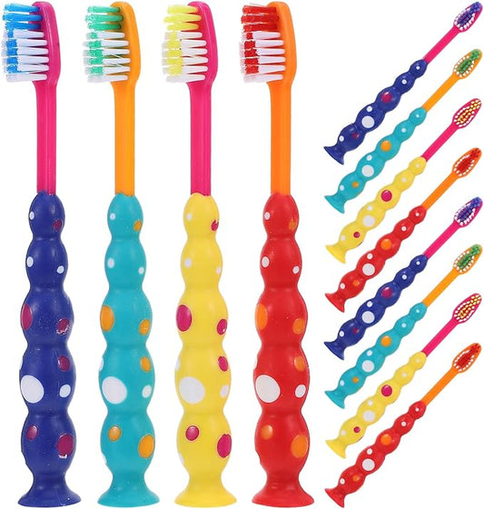 12pcs Kids Toothbrushes with Suction Cup - Cartoon Cute Manual Toddler Tooth Brush - Child Sized for Toddler Boys and Girls