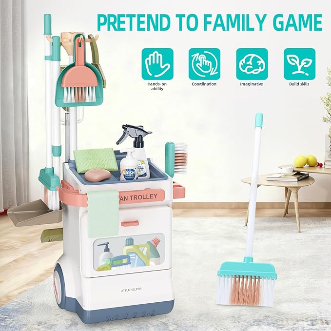 Kids Cleaning Set for Toddlers, Detachable 20 Pcs Pretend Play Set, Educational Toddler Cleaning Carts Includes Real Working Vacuum Cleaner, Broom, Spray Bottle and More
