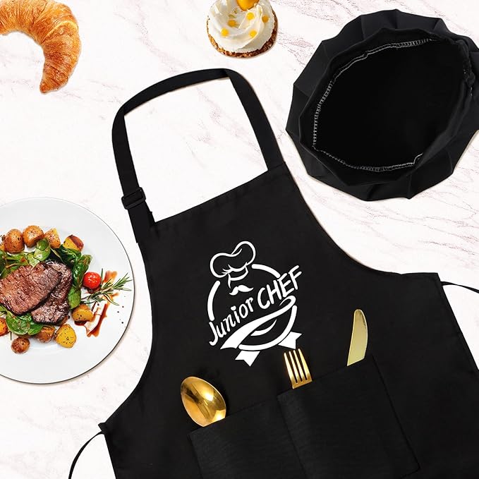 Kids Apron and Chef Hat Set, “Junior CHEF” Adjustable Funny Apron Child Kitchen Apron Cooking Baking Painting with 2 Pockets for Boys and Girls