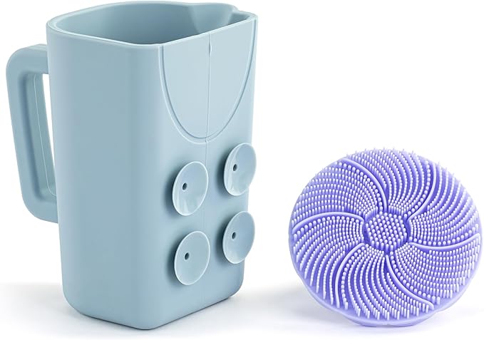 DEMDACO Love to Play Collection Baby Bath Rinse Cup and Silicone Scalp Scrubber Set - Gentle Hair Washing Aid for Infants & Toddlers Soft Silicone Kids' Brush & Ergonomic Rinse Pitcher, Blue