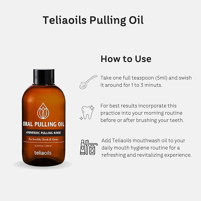 Teliaoils Coconut Pulling Oil (8.34 fl oz / 240 ml) for Mouth, Gums, Tooth – Ayurvedic Dental Mouthwash for Oral Health, Detoxification, Bad Breath – Whitens Teeth & Freshens Breath – Mint Flavor