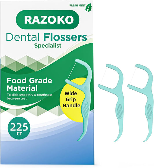 RAZOKO Dental Floss Picks | Toothpick, Shred-Resistant Floss, Easy Grip Handle, Fresh Mint Flavor, 75 Count (Pack of 3)