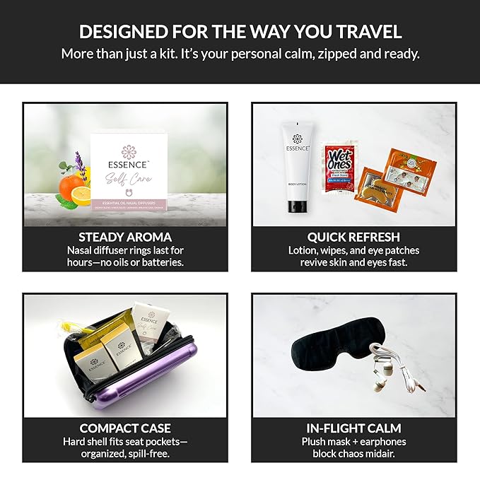 Essence Travel Amenity Kit - Compact Wellness Organizer with 5 Nasal Diffusers + 9 Traveler Comfort Essentials for Flights, Hotels & Adventures - Wearable Aromatherapy Self-Care On the Go