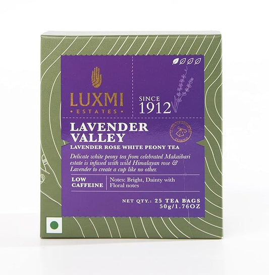 Luxmi Estates Lavender Valley Organic Lavender Tea (25 Tea Bags) Low Caffeine Tea Bags For Sleep, Relaxing, Calming, and Stress Relief, With Certified Organic Darjeeling Makaibari White Tea