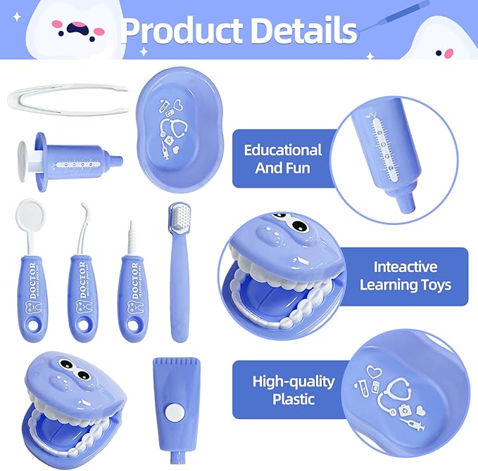 9-Piece Dental Pretend Play Set, Educational Dentist Play Kit with Teeth Model, Toothbrush, Dental Mirror, Syringe, Toothpaste, Tray, and Dental Tools, Fun Pretend Play Doctor Kit for Kids (Purple)