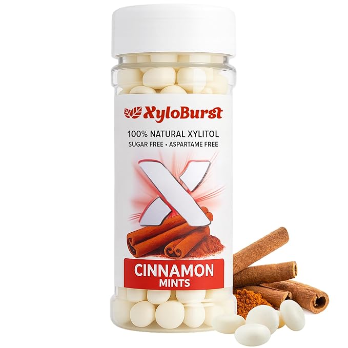 XyloBurst - Xylitol Mints | Sugar Free Breath Mints for Oral Health | Gluten Free, Vegan, Keto Friendly | Aspartame Free Mint | Cinnamon | 200 Count Jar