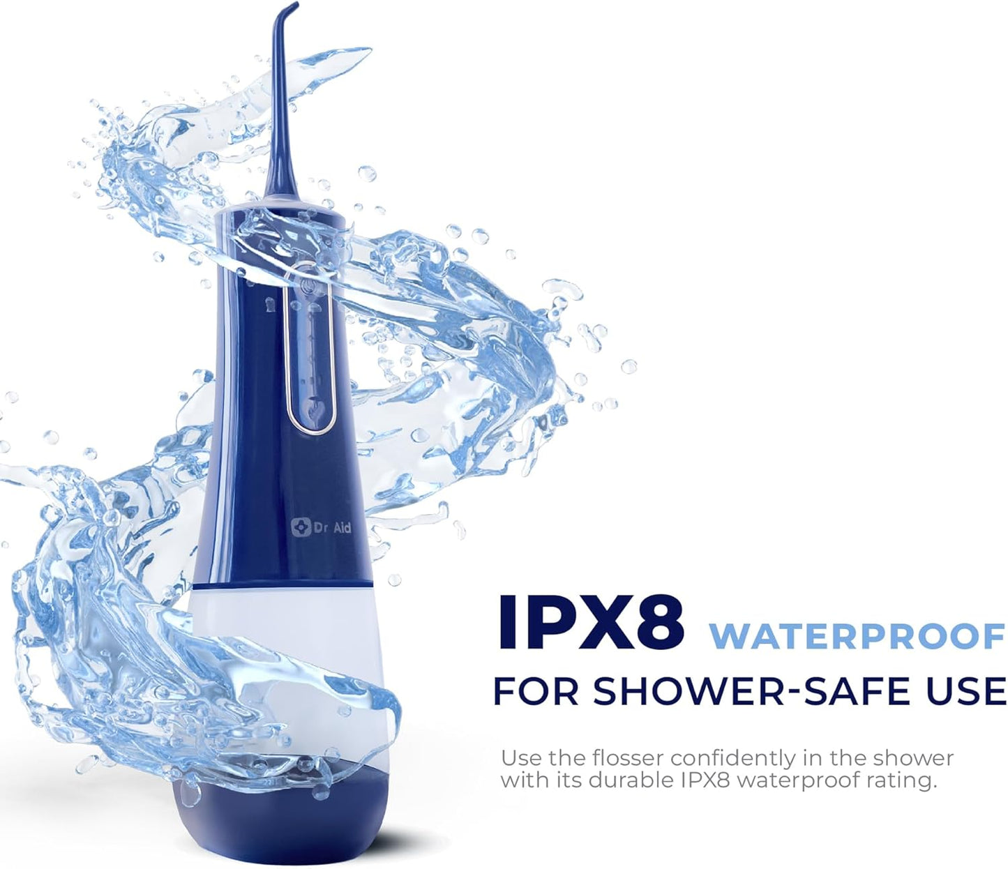 Dr. Aid Dental Water Flosser – Portable Oral Irrigator – 12Oz Tank, Water Filter, 5 Tips, Type C Charger – IPX8 Waterproof Cordless Water Flosser, Ideal Water Flossers for Teeth, Gums, Braces (Blue)