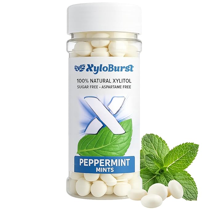 XyloBurst - Xylitol Mints | Sugar Free Breath Mints for Oral Health | Gluten Free, Vegan, Keto Friendly | Aspartame Free Mints | Peppermint | 200 Count Jar