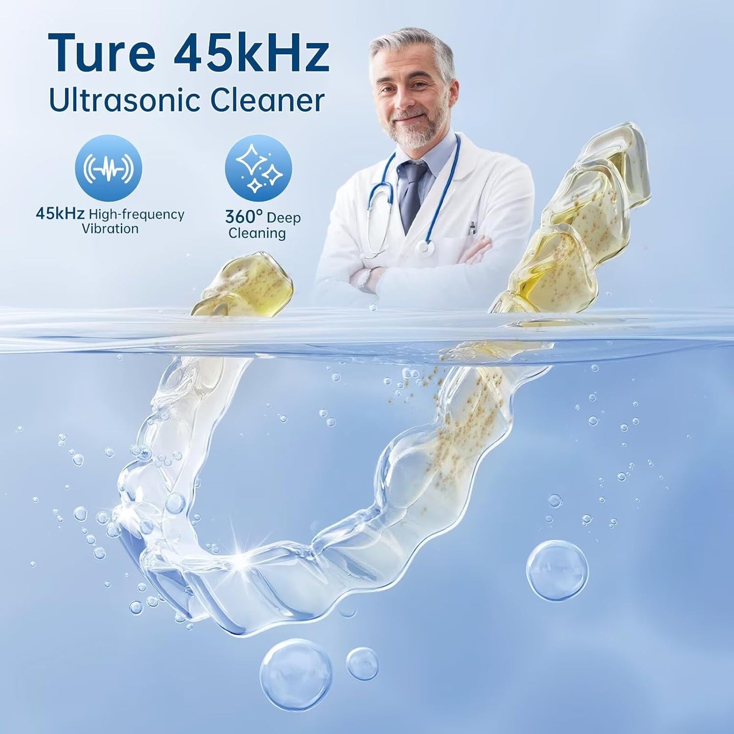 Ultrasonic Retainer Cleaner Machine, 45kHz Dental Cleaning Pod for Dentures, Aligners, Mouth Guards, Night Guards, Jewelry, Toothbrush, 5/10/15-Minute Timer, 200ML