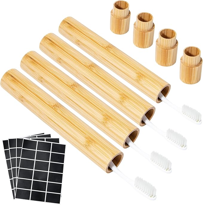 Yeeco 4 Pcs Portable Bamboo Toothbrush Case, Wooden Toothbrush Covers Storage Container Reusable Toothbrush Travel Holder Sustainable for Trip Camping Home Travelling