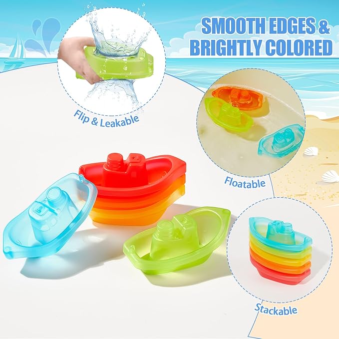 Baby Bath Toys for Kids Ages 1-3, 11PCS Mold Free Bath Toys for Toddlers with Floating Boats and Spoons, Baby & Toddler Bathtub Water Table Pool Sand Play Toys for Christmas Stocking Stuffers