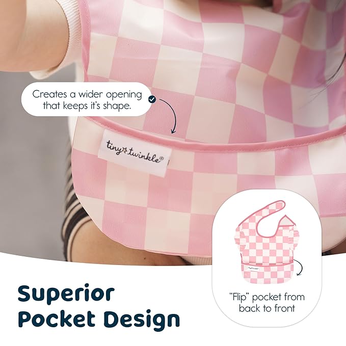 Tiny Twinkle Mess-Proof Baby Bibs for Eating | Waterproof, Wipeable Toddler Bibs with Catch-All Pocket | Feeding Bibs for Girls & Boys(3 Pack,Checkers Girl)
