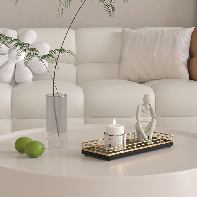 Wooden Decorative Tray, Oak 11.2" L Coffee Table Tray for Kitchen Countertop Soap Sponge Holder Candle Nightstand Table Centerpieces for Dining Room Decor Black Gold