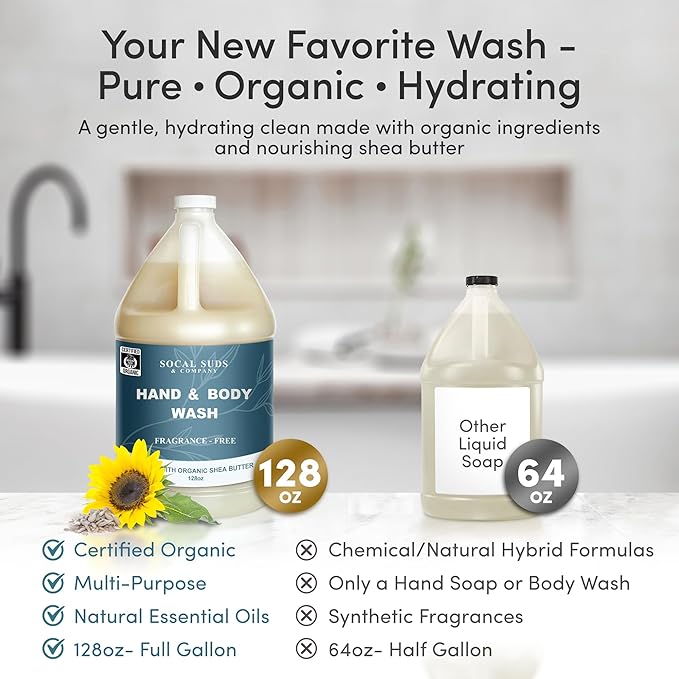 SoCal Suds & Company 128oz Certified Organic Hand & Body Wash w/Shea Butter- Gentle Natural Body,Baby & Face Wash for Sensitive Skin, Moisturizing Thick Castile, Hand Soap and More - Fragrance Free