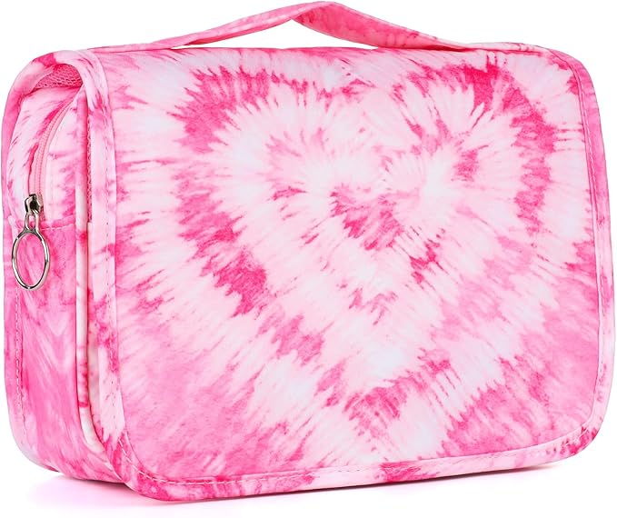 Kids Hanging Toiletry Bag for Girls, Travel Toiletry Bag for Teen Girls Cosmetic Makeup Waterproof Wash Bag Traveling Toiletries, Tie Dye Pink Heart