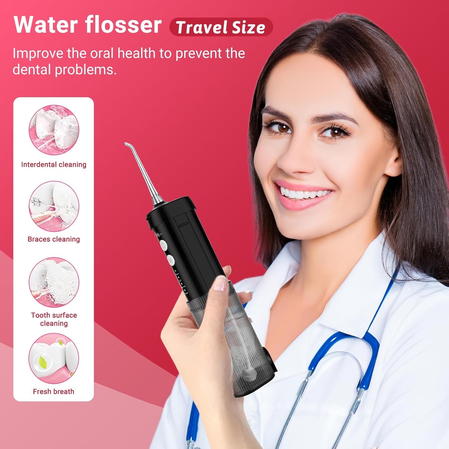 Mini Portable Water Flosser Oral Irrigator Water Teeth Cleaner Pick, Telescopic Water Tank, 4 Modes & IPX7 Waterproof, Home & Travel Water Flossers for Teeth, Braces Bridges Care. (Black)