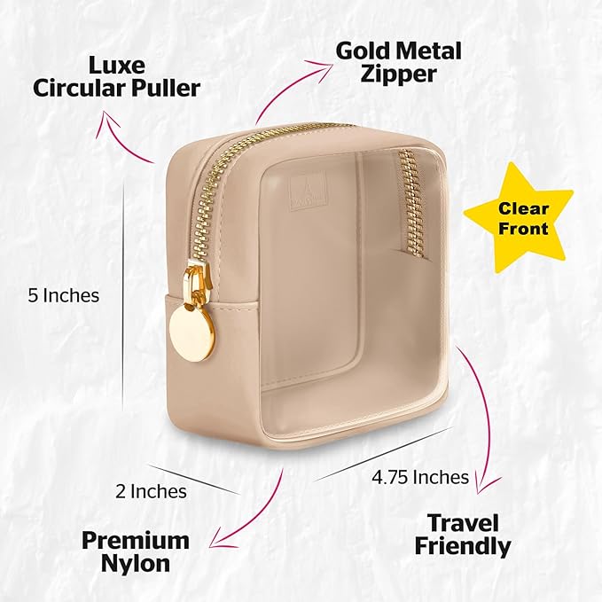 Beige Mini Makeup Bag - Clear Travel Cosmetic Case With Pouch, Small Cosmetic Pouch for Purse