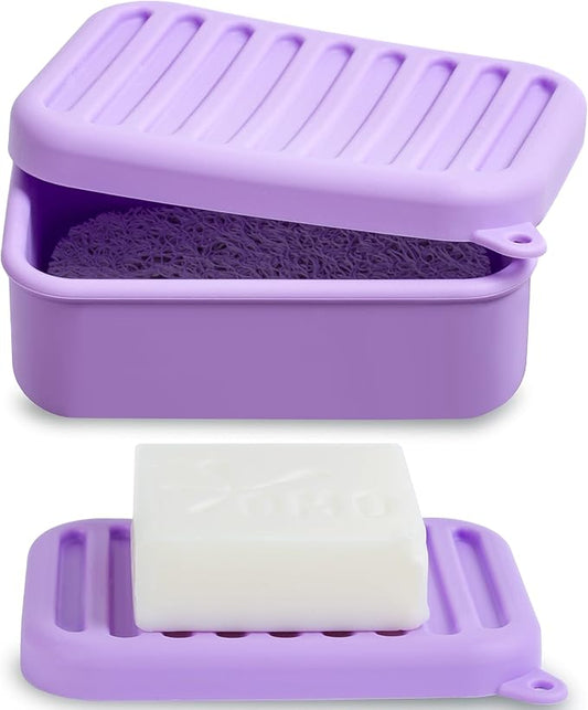 Portable Leakproof Travel Soap Case, Silicone Travel Soap Case, Compact Soap Holder with Drainage Layer, Travel Soap Holder for Camping, Gym, Outdoor (Light-Purple)