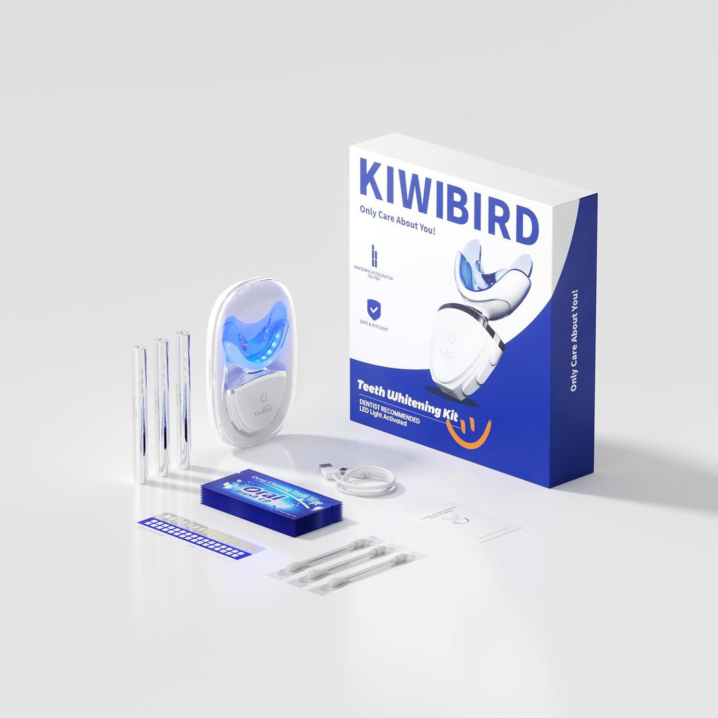 KIWIBIRD Teeth Whitening Kit for Sensitive Teeth – 3 Gel Pens, LED Light with Wireless Charging Case, IPX7 Waterproof, Enamel-Safe at-Home Dental Care Tool