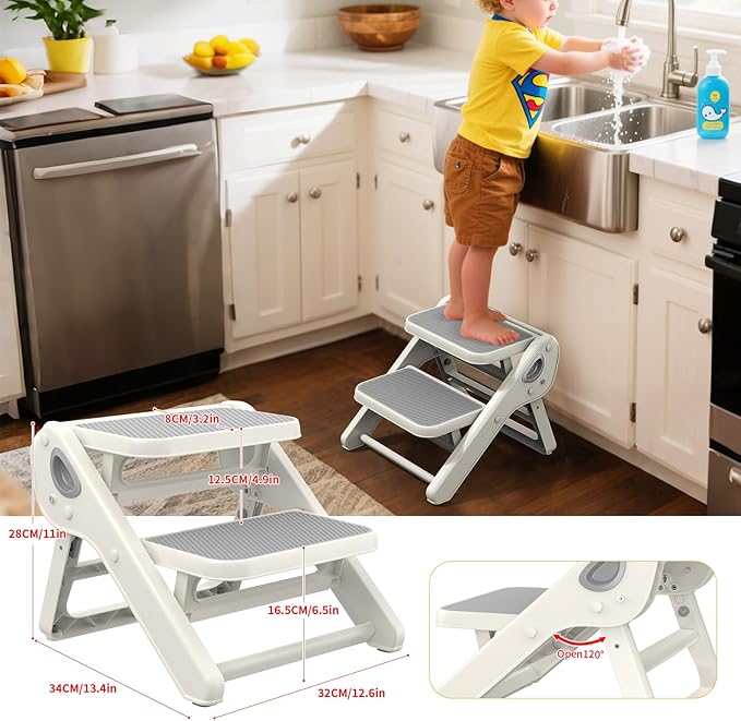 Toddler Step Stool, iNeibo 2-Step Foldable Step Stool for Kids, Widened & Thickened with Anti-Slip Design, Safer for Children Use for Kitchen, Bathroom, Toilet Training - Gray