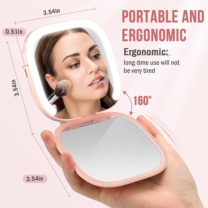 MY BEAUTY LIGHT Bright Compact Mirror with Durable Rechargeable 1X/3X Magnifying Light, 3000K-6000K Travel Makeup Mirror with Lights for Handbag Purse Pocket (Pink)