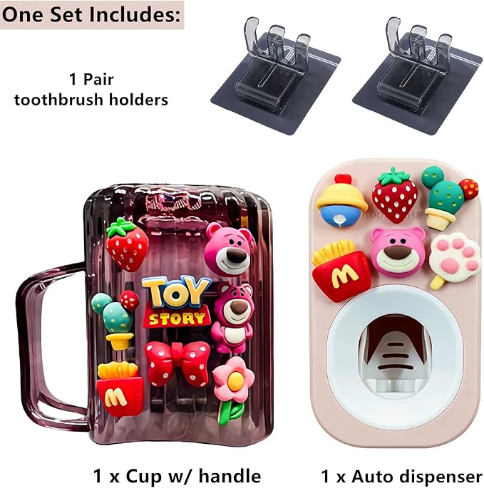 Automatic Toothpaste Dispenser & Toothpaste Holders and Wall Mounted Cup 3 Piece in a Set, is Wall Mounted for Bathroom,Toothpaste Squeezer for Kids & Family Shower by Mr. Thumbs(Pink Set)