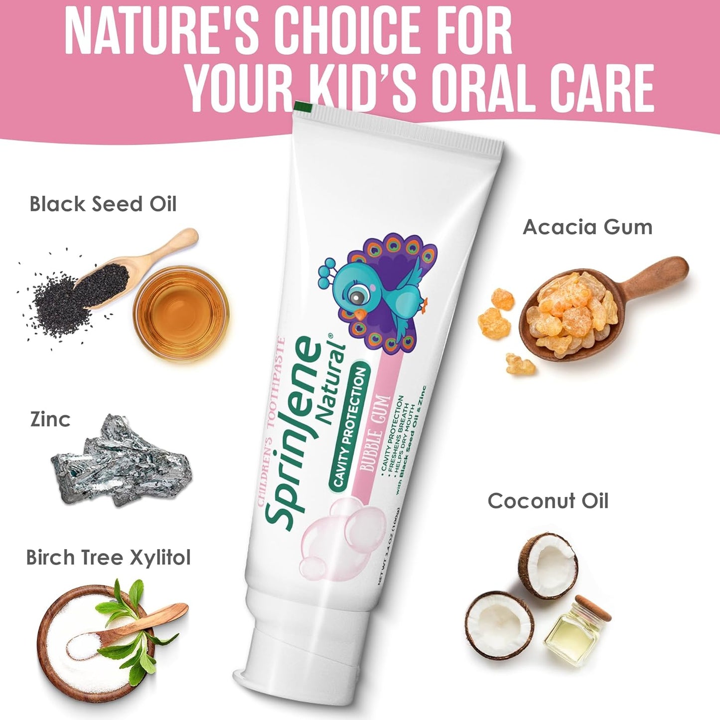 SprinJene Natural Children’s Toothpaste – Fluoride Bubblegum Toothpaste for Kids & Toddlers – Safe Gentle Formula for Cavity Protection – Made in The USA with Black Seed Oil & Zinc (1 Pack)