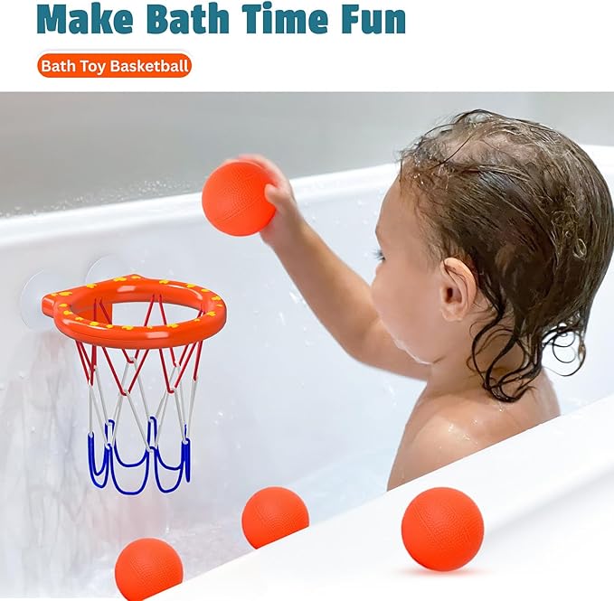 Bath Toys – Bathtub Basketball Hoop for Toddlers, Kids, Boys and Girls | 4 No-Hole Balls & Strong Suction Cups | Fun Basketball Bath Toy for Toddlers
