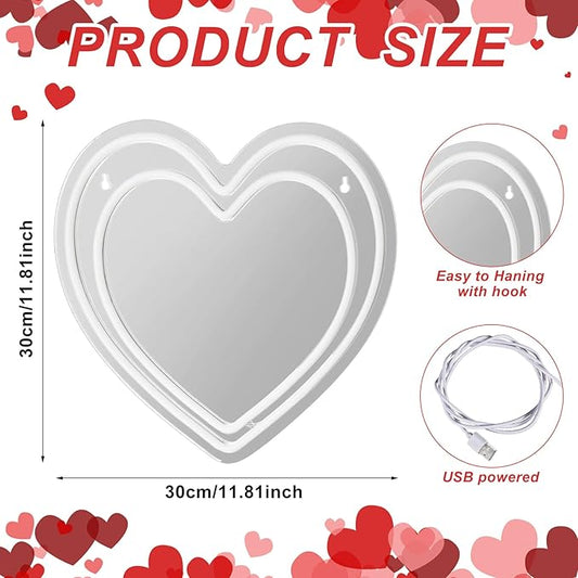 Heart Mirror Neon Sign Powered LED Light Pink 12" x 12" Decorative Wall Mirror Love Acrylic Mirrors Wall Art Decor Girl's Make-up for Christmas Party Gift Dorm Beauty Salon Room Decor