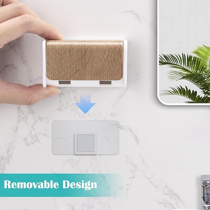 Toothbrush Holders Wall Mounted with Cover, Electric Tooth Brushing Holder for Bathroom, 2 Slots Self Adhesive Toothbrush Organizer, Toothbrush Stand for Family, Kids (1, Wood Grain)