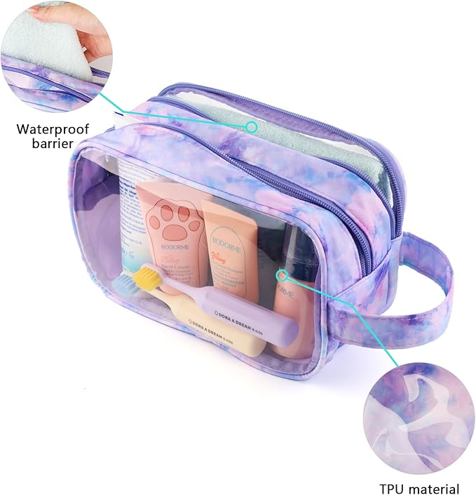 Kids Toiletry Bag for Girls, Travel Clear Toiletry Bag for Little Young Girls Cosmetic Bag Makeup Bag Waterproof Hanging Toddler Wash Bag, Purple Tie Dye